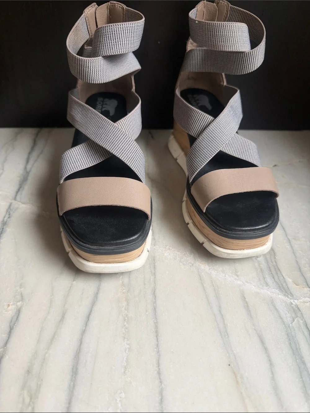 Sorel Taupe Strappy Wedge Sandals with Wood-Look Platform
